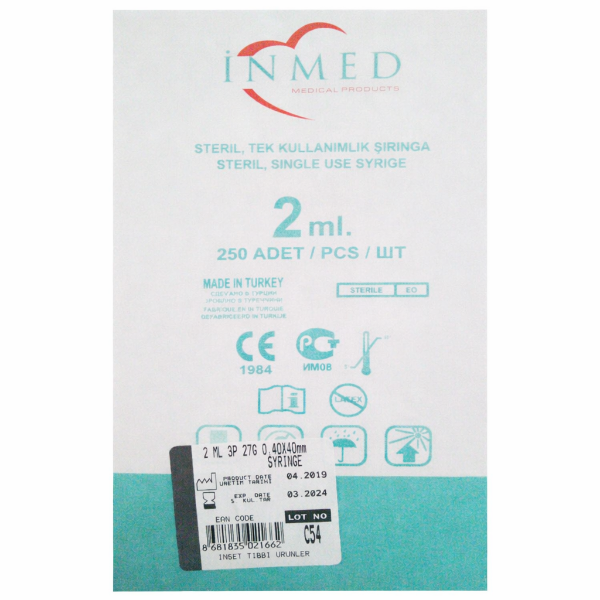 Inmed Enjektör Gri 2 ml 3P 22 Şırınga 40x40